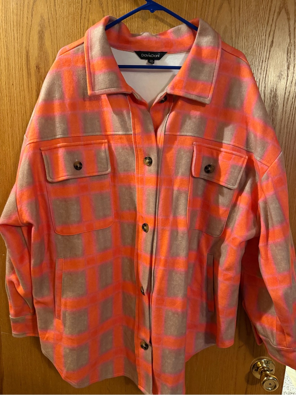 DAVI & DANI Coral Pink and Beige Plaid Shacket